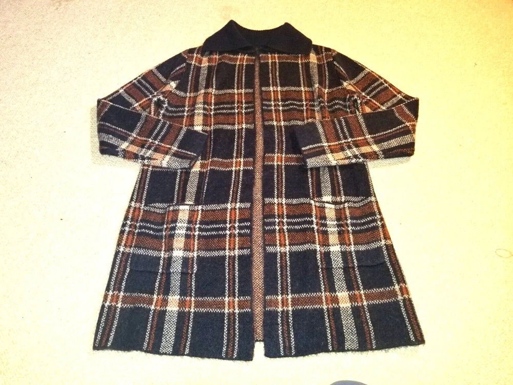 Womens Sweater-TAHARI-navy/orange/wht plaid wool open duster/cardigan Heritage-L